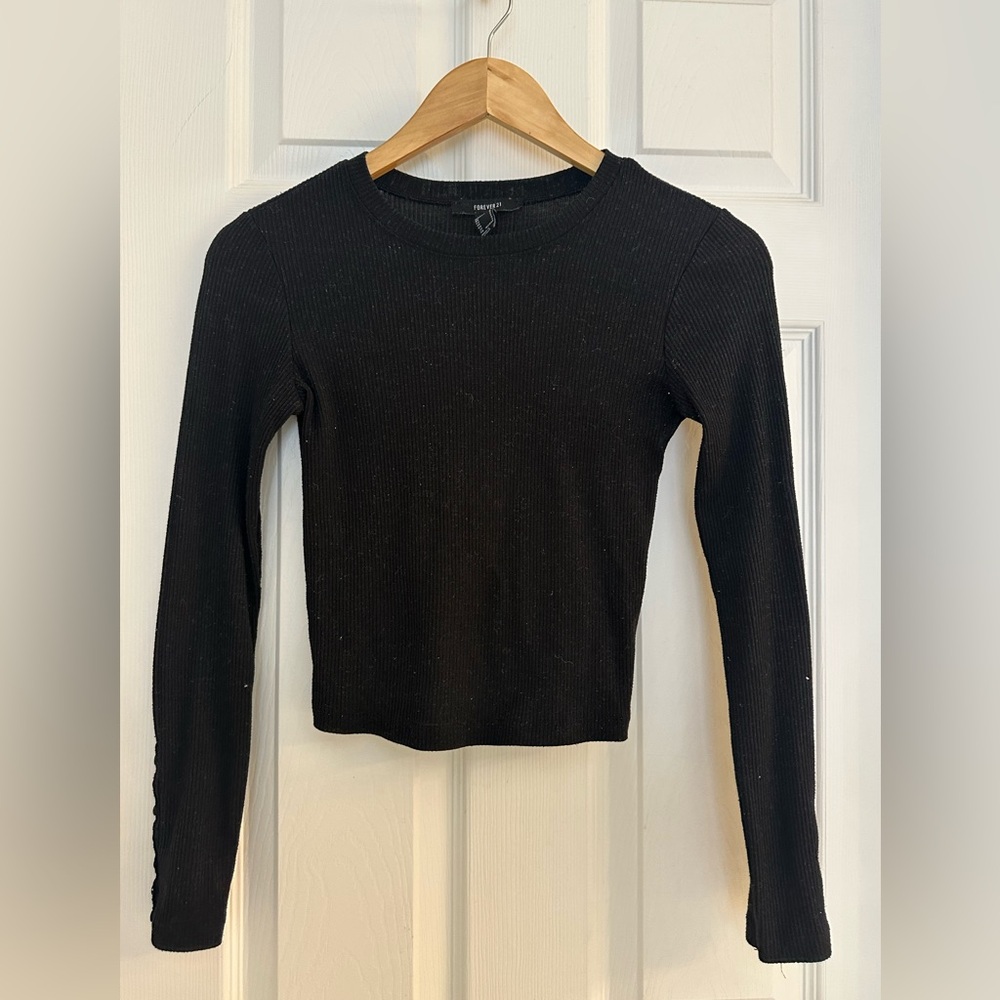 Forever 21 Black Ribbed Long Sleeve Top with Button Cuff Detail – Size S